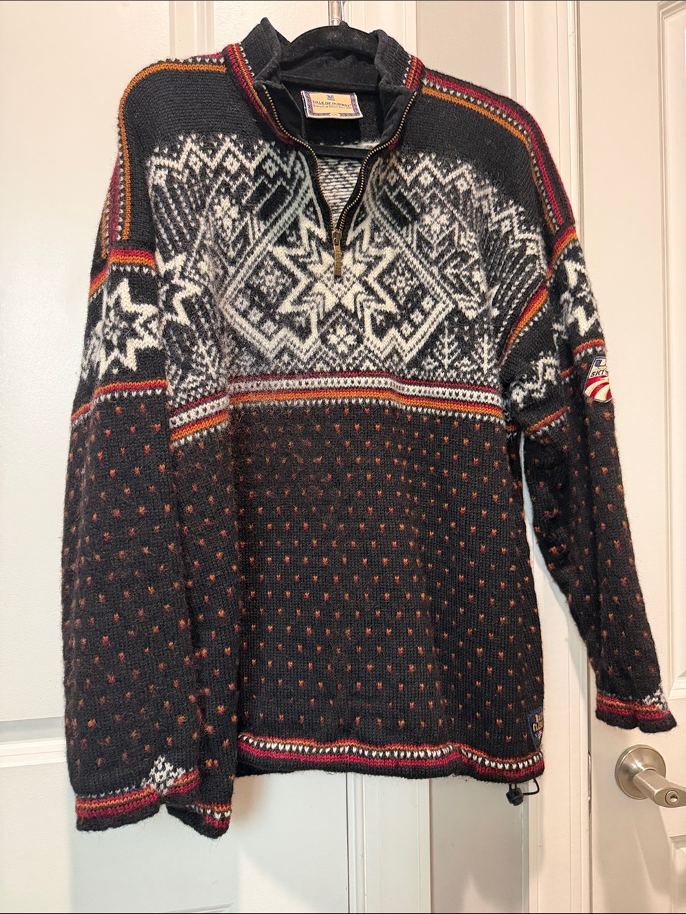 Dale of Norway Black Zip-Up Nordic Sweater with Red and White Accent US Ski Team